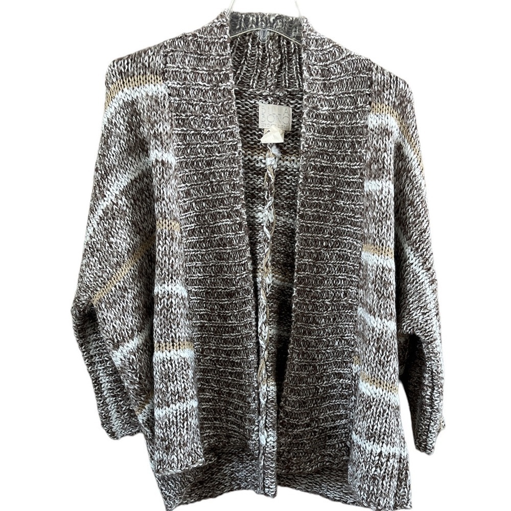 Billabong Brown White Cream Marled Open Cardigan with Stripe Accents